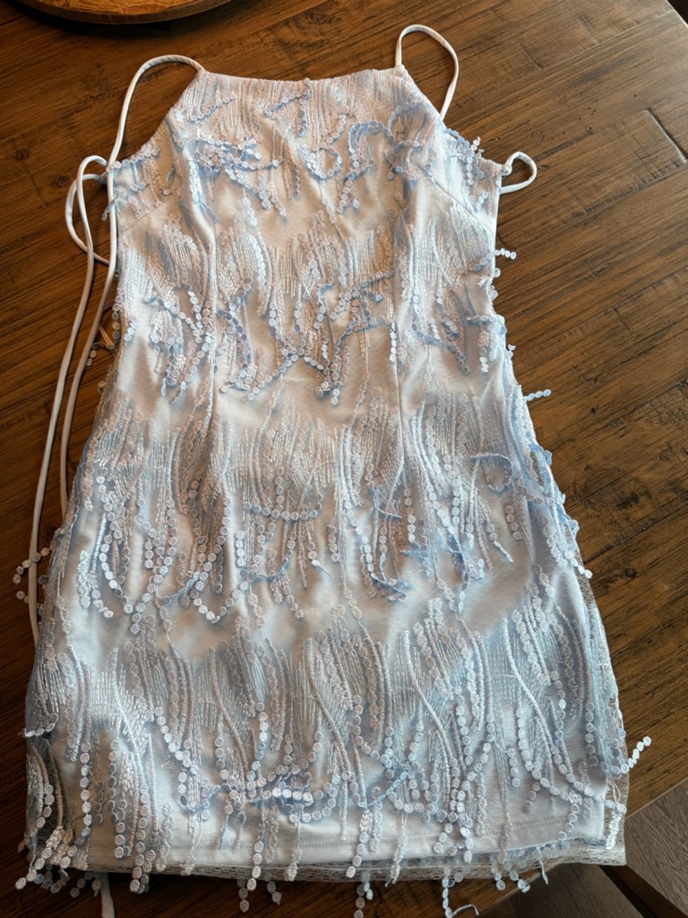Lulu's Making Magic Light Blue Fringe Lace Up mini Dress - size small - Picture 3 of 10